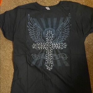 Black Graphic Tee with Winged Cross Design